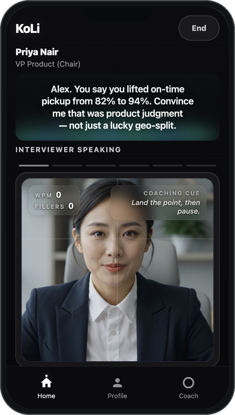 A KoLi practice session: the interviewer's question on screen, your own video in self-view, live pace and filler-word feedback, and a coaching cue